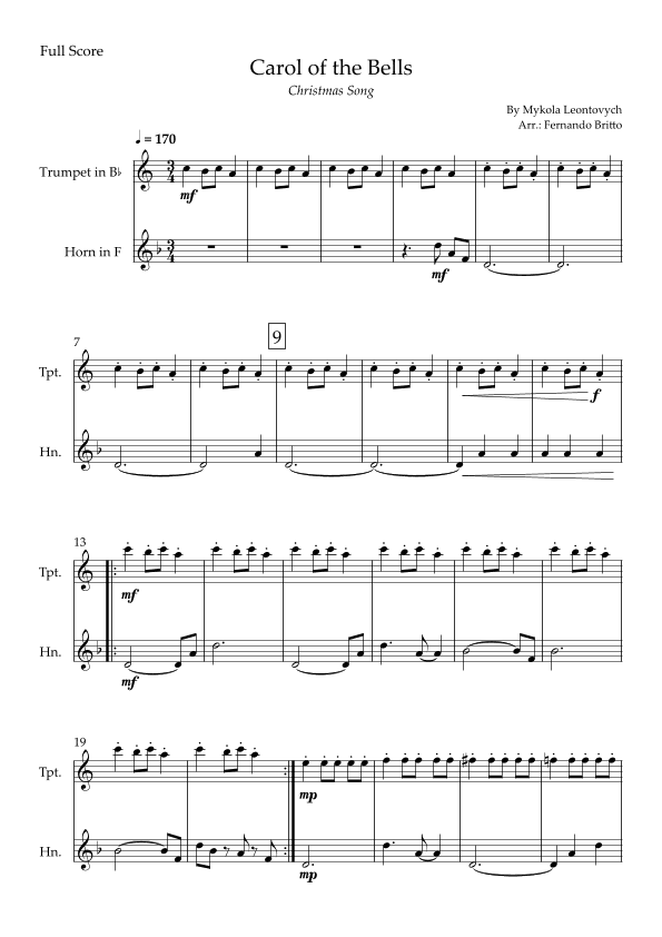Carol of the Bells in Jazz Version (Christmas Song) for Trumpet in Bb & Horn in F Duo (arr. Fabio Britto)