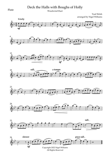 Deck the Halls with Boughs of Holly, for Flute and Clarinet (arr. Nigel Williams)