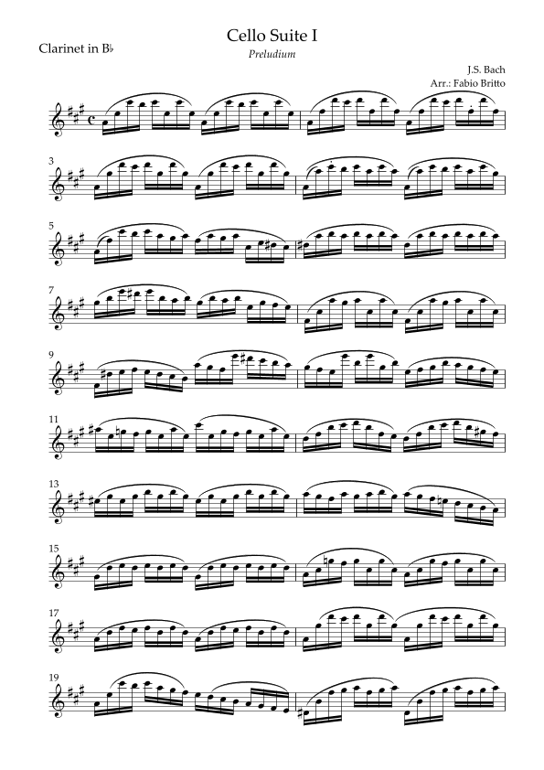 Preludium (from Cello Suite no.1 - J. S. Bach) for Clarinet in Bb Solo (arr. Fabio Britto)
