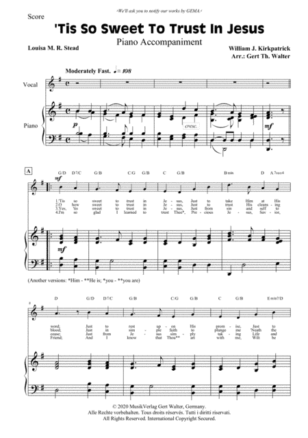 'Tis So Sweet To Trust In Jesus (arr. Gert Th. Walter)