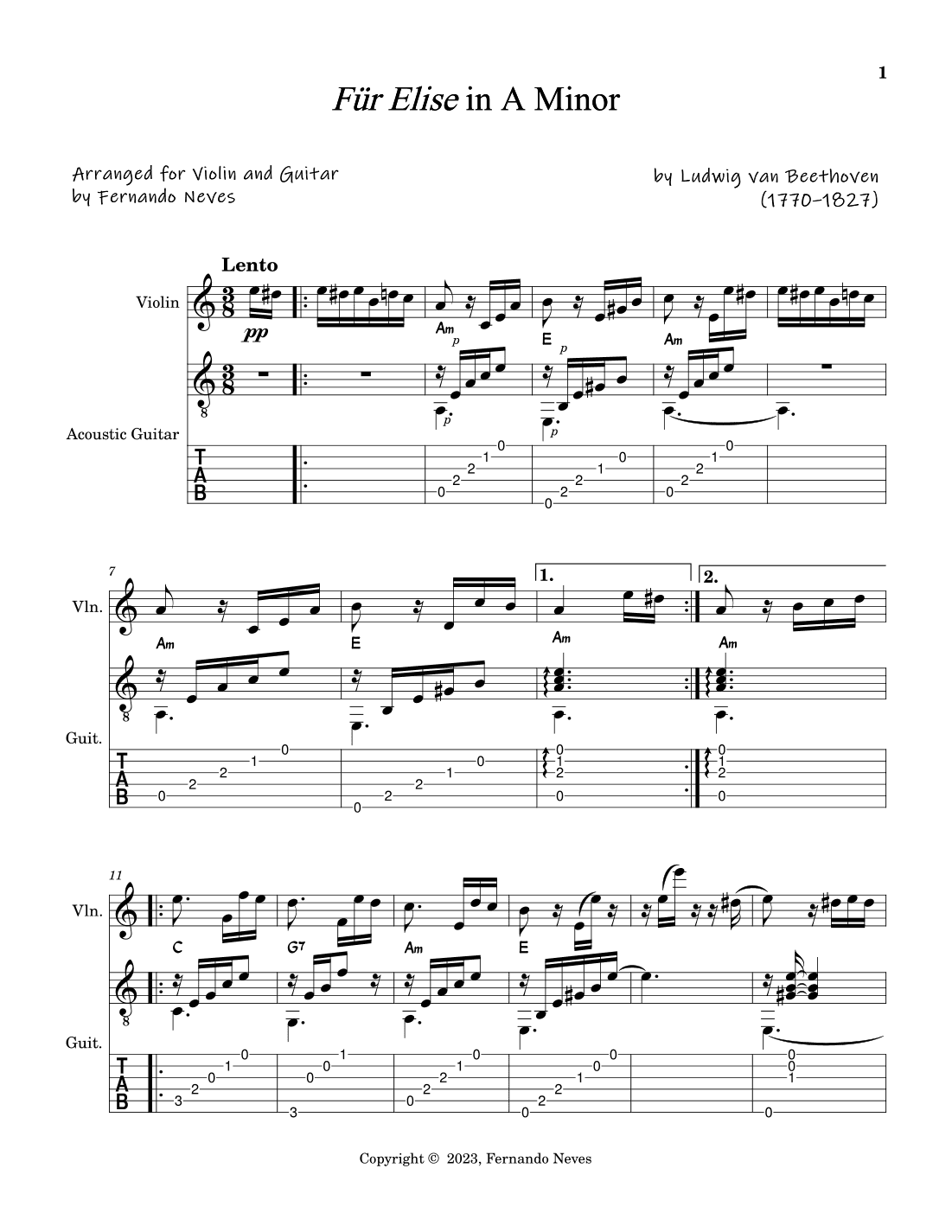 Für Elise for Violin and Acoustic Guitar (arr. FERNANDO LUIZ NEVES)