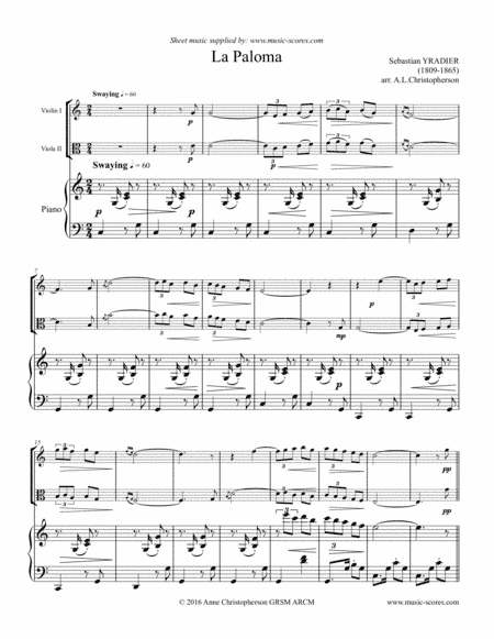 La Paloma - Violin, Viola and Piano (arr. Anne L Christopherson GRSM ARCM)