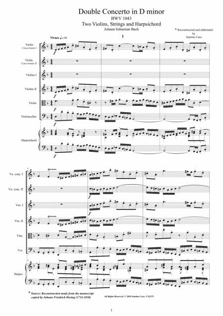 Bach - Double Concerto in D minor BWV1043 for Two Violins, Strings and Harpsichord (arr. Santino Cara)
