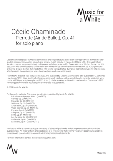 Cécile Chaminade - Pierrette (Air de Ballet), Op. 41 for solo piano (arr. Music for a While)