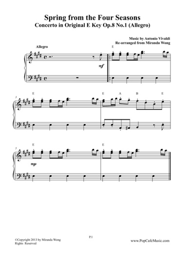 Spring from Four Seasons by Vivaldi - Original E Key for Piano Solo (arr. Miranda Wong)