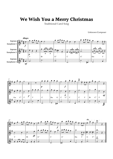 We Wish you a Merry Christmas for Soprano Saxophone Trio with Chords (arr. Rika K.)