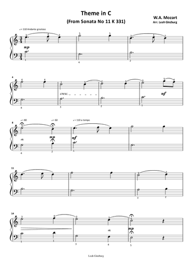 Theme in C (from Sonata No 11, K 331) by W A  Mozart (arr. Leah Ginzburg)