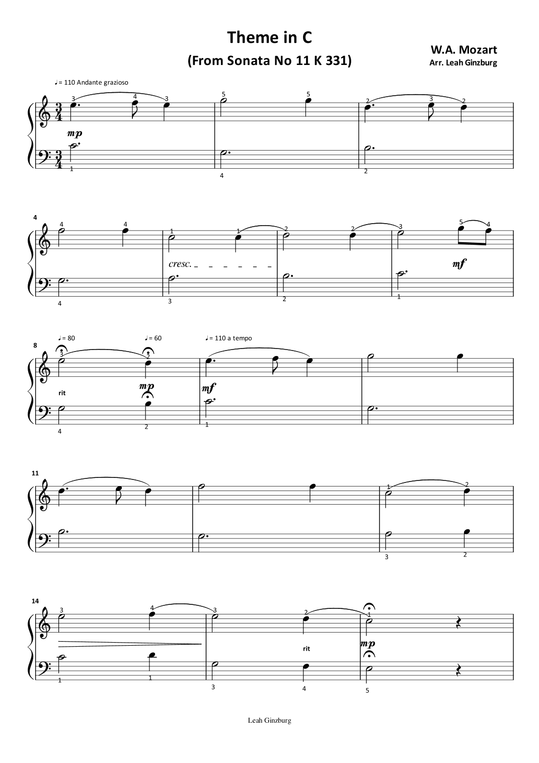 Theme in C (from Sonata No 11, K 331) by W A  Mozart (arr. Leah Ginzburg)
