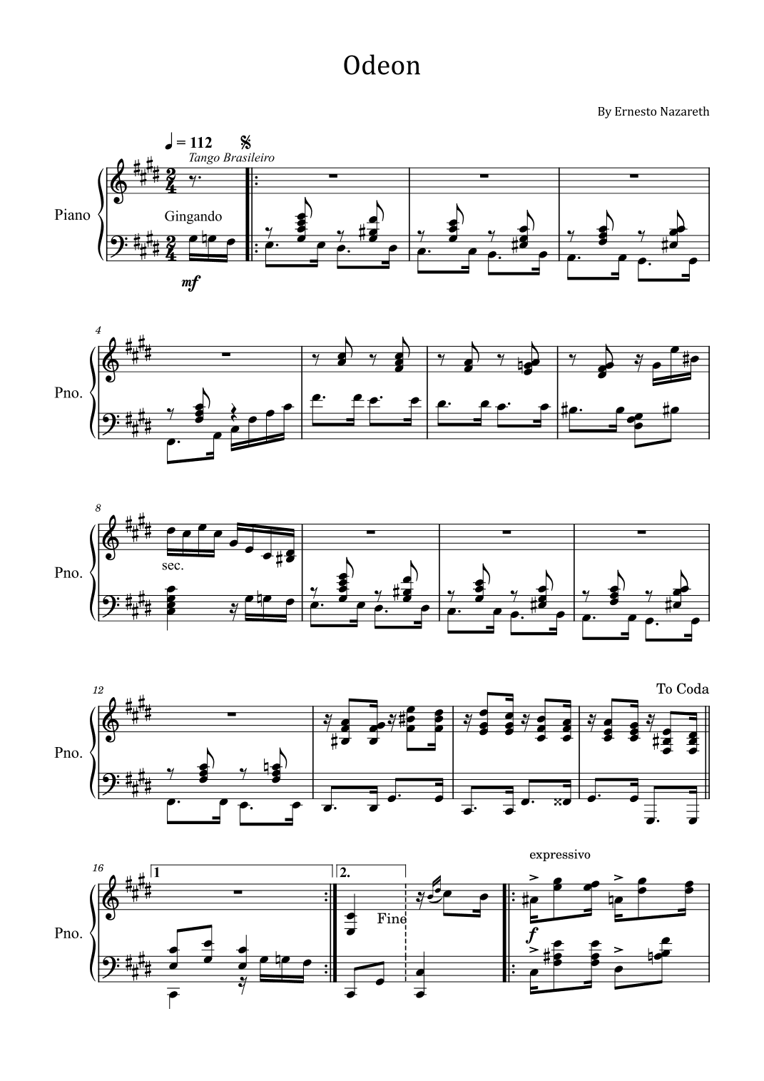 Odeon - Ernesto Nazareth - Original For Piano Solo (arr. poon)