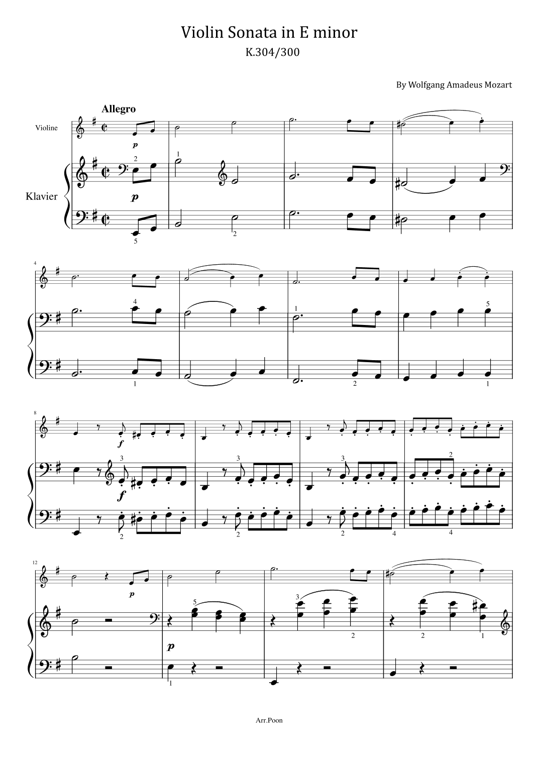 Mozart - Violin Sonata in E minor - K.304/300 - Violin Sonata No.21 Original Compelet With Fingered (arr. poon)