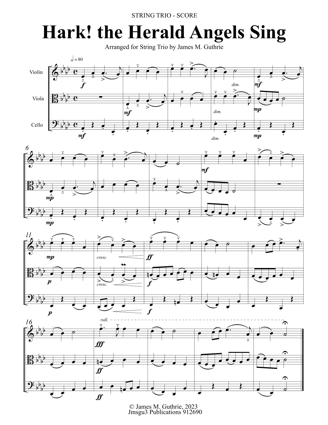 Hark the Herald Angels Sing for String Trio (arr. James M. Guthrie)