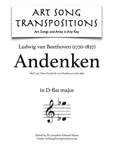 BEETHOVEN: Andenken, WoO 136 (transposed to D-flat major) (arr. ArtSongTranspositions.com)