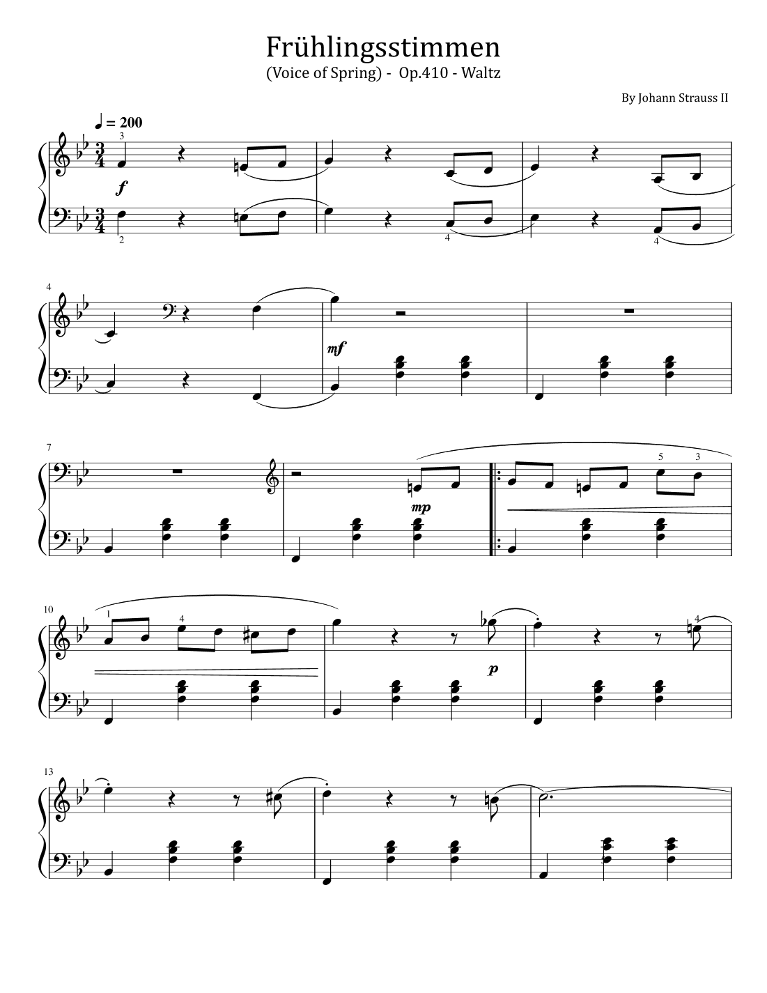 Strauss - Frühlingsstimmen (Voice of Spring) -  Op.410 - Waltz - Original With Fingered (arr. poon)