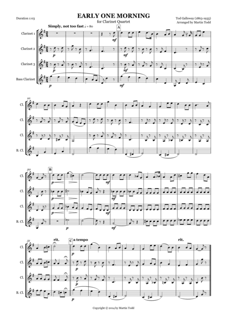 Early One Morning for Clarinet Quartet (arr. Martin Todd)