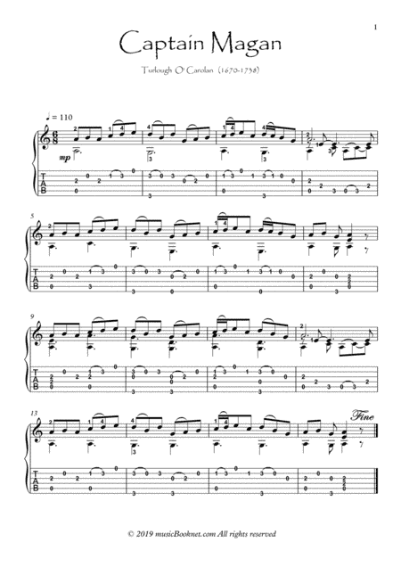Carolan Captain Magan Guitar solo with tablature (arr. PianoSheetNow)