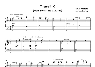 Theme in C (from Sonata No 11) by W.A. Mozart (arr. Leah Ginzburg)