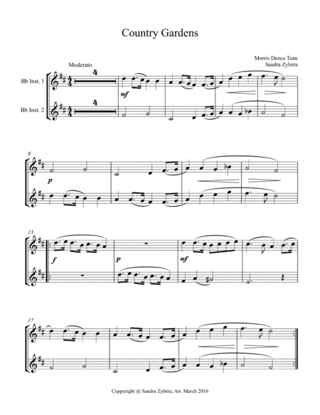 Country Gardens (treble Bb instrument duet, parts only) (arr. Sandra Zylstra)