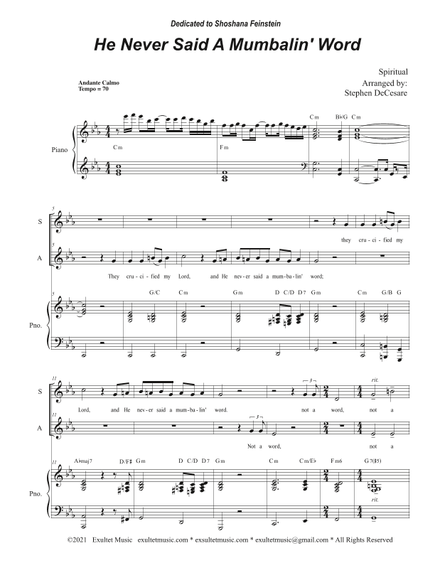 He Never Said A Mumbalin' Word (Duet for Soprano and Alto solo) (arr. Stephen DeCesare)