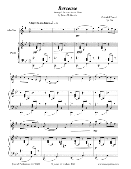 Fauré: Berceuse Op. 16 for Alto Sax & Piano (arr. James Guthrie, ASCAP)