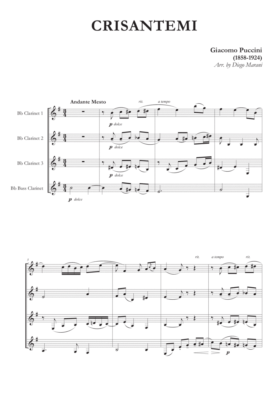 Crisantemi for Clarinet Quartet (arr. Diego Marani)