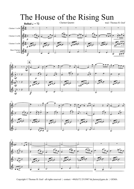 The house of the rising sun - Clarinet Quartet (arr. Thomas H. Graf)