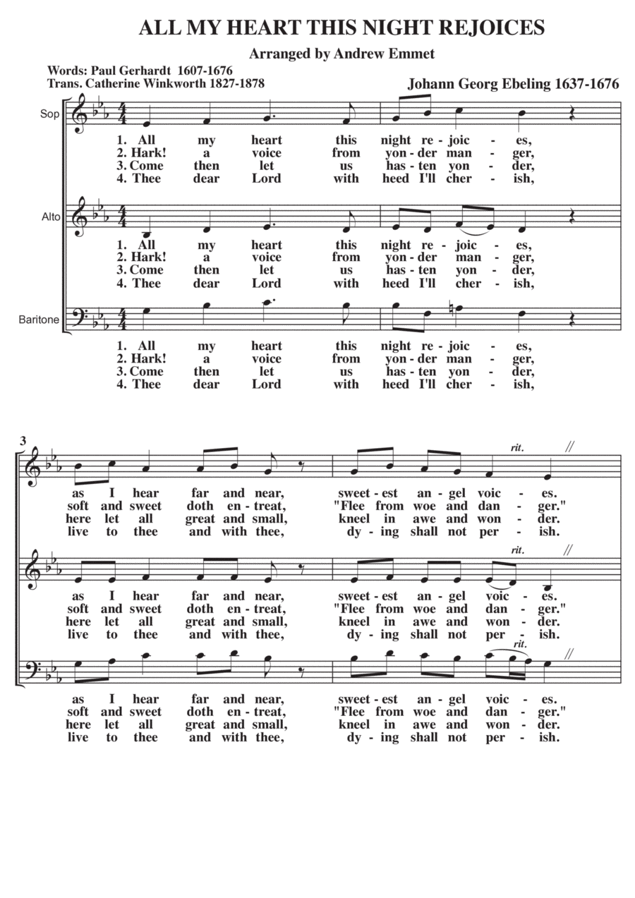 All My Heart This Night Rejoices A Cappella SAB (arr. Andrew Emmet)