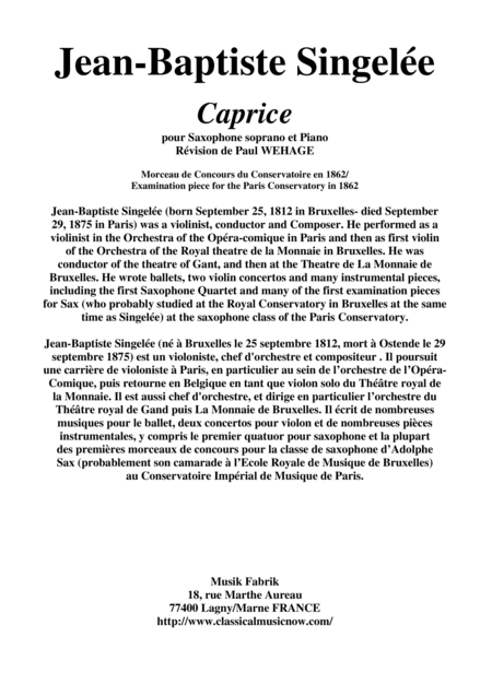 Jean-Baptiste Singelée - Caprice for Soprano saxophone and piano (arr. Musik Fabrik Music Publishing)