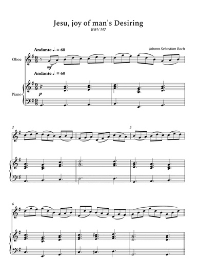 Jesu, Joy of Man's Desiring for Oboe and Piano  (Not Chords) - Score and Parts (arr. Cássio Silva Chaves)