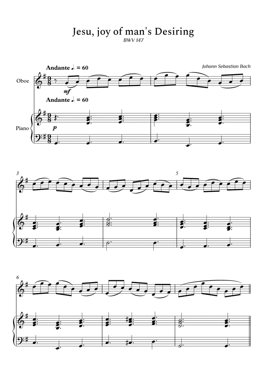 Jesu, Joy of Man's Desiring for Oboe and Piano  (Not Chords) - Score and Parts (arr. Cássio Silva Chaves)