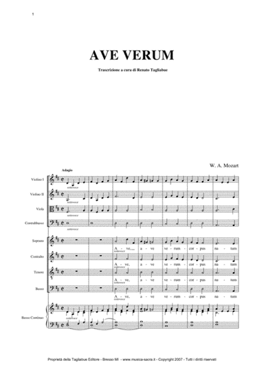 AVE VERUM - W.A. Mozart - Full Choir and Orchestra - With separate parts of Choir SATB, String Orche (arr. R. Tagliabue)
