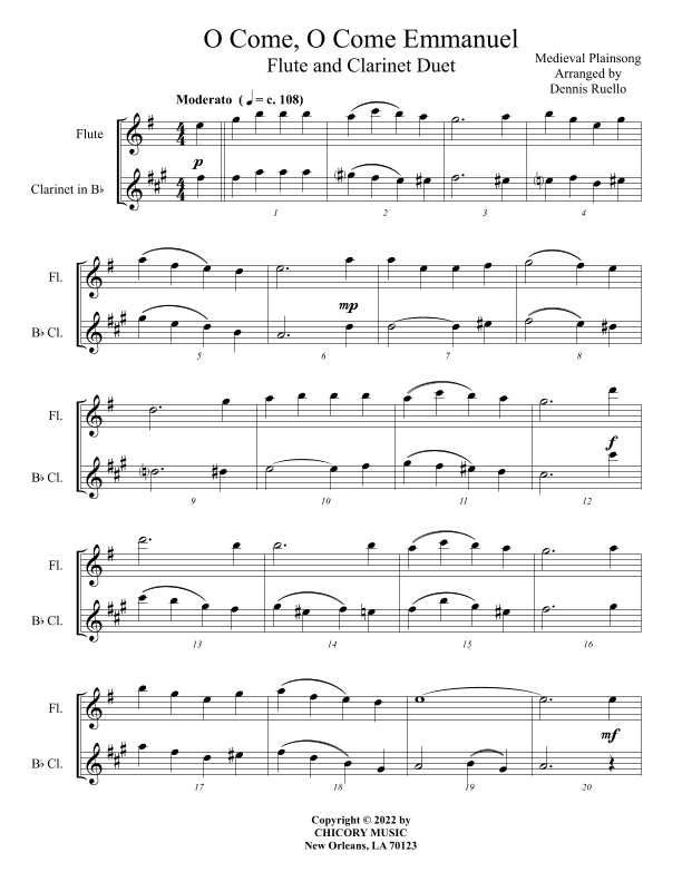 O Come, O Come Emmanuel - Flute / Clarinet Duet - Early Intermediate Level (arr. Dennis Ruello)