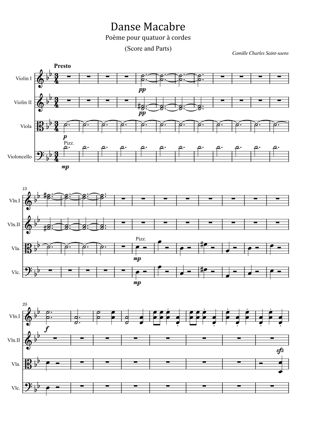 Danse Macabre - for string quartet - Saint-saens - (Score and Parts) (arr. poon)