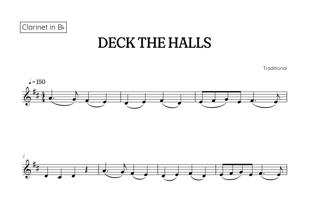 Deck the Halls for clarinet • easy Christmas song sheet music (arr. Benzaiten Editions)