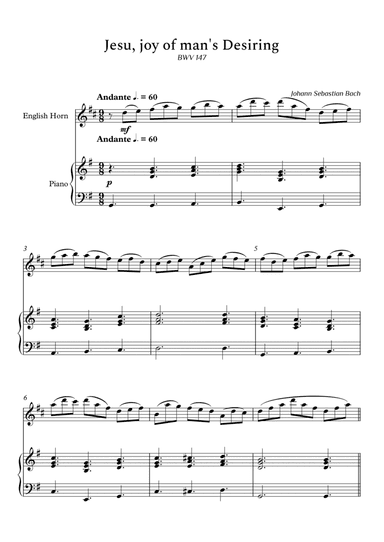 Jesu, Joy of Man's Desiring for English Horn and Piano (Not Chords) - Score and parts (arr. Cássio Silva Chaves)