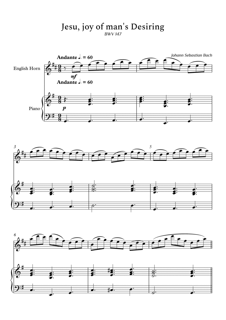 Jesu, Joy of Man's Desiring for English Horn and Piano (Not Chords) - Score and parts (arr. Cássio Silva Chaves)