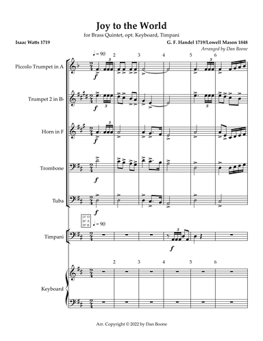 Joy to the World for Brass Quintet, Opt. Keyboard (arr. Dan Boone (ASCAP))