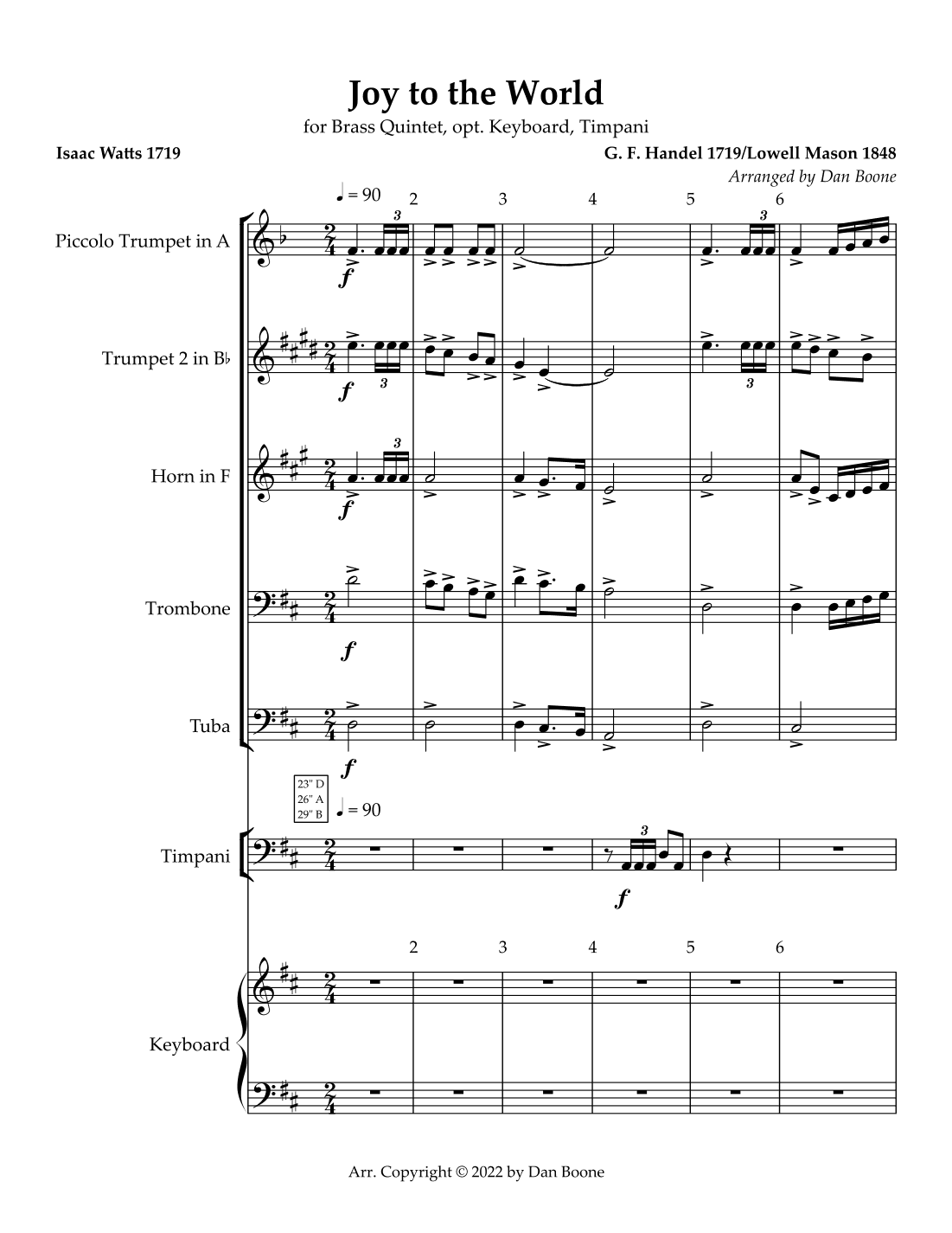 Joy to the World for Brass Quintet, Opt. Keyboard (arr. Dan Boone (ASCAP))