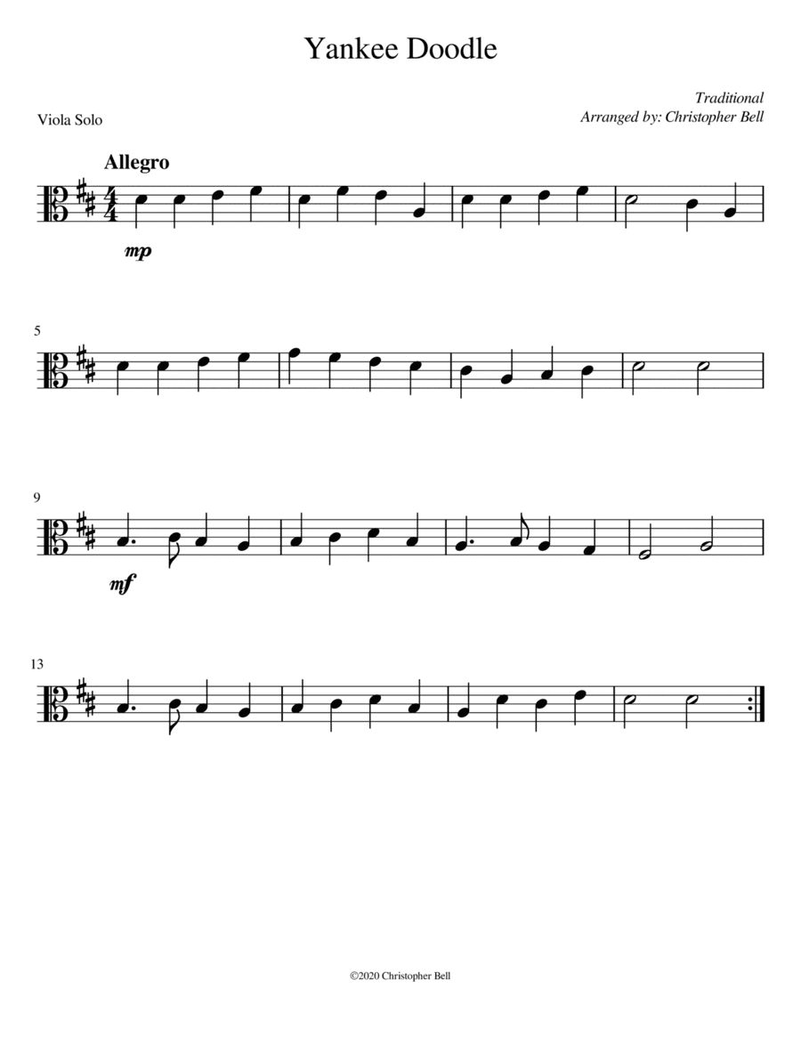 Yankee Doodle - Easy Viola (arr. Christopher Bell)