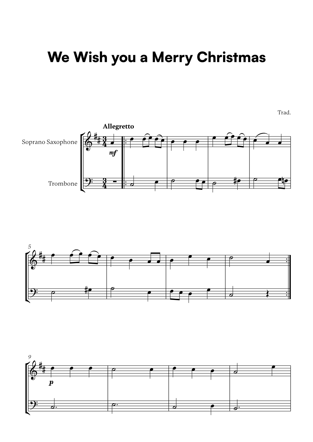 Trad. - We Wish you a Merry Christmas (for Soprano Saxophone and Trombone) (arr. Cadenza Editions)