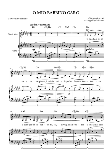 O Mio Babbino Caro | Female Voice Contralto | G-flat Major | Piano accompaniment | Pedal | Chords (arr. Milanov)