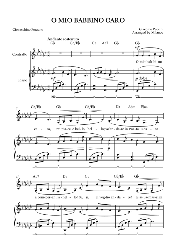 O Mio Babbino Caro | Female Voice Contralto | G-flat Major | Piano accompaniment | Pedal | Chords (arr. Milanov)