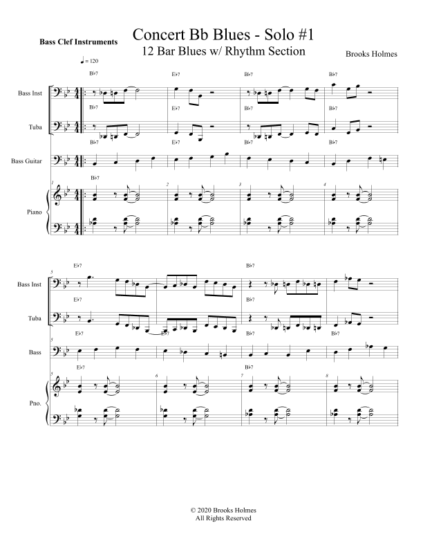 Concert Bb Blues Solo #1 - 12 Bar Blues w/ Rhythm Section - Bass Clef Instruments