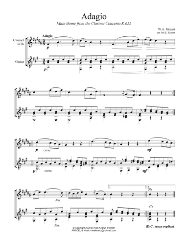 Adagio from the clarinet concerto for clarinet and guitar (arr. K. Krantz)