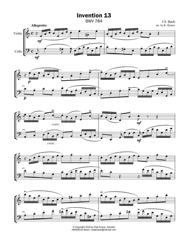 Invention No. 13, A Minor for violin and cello (arr. K. Krantz)