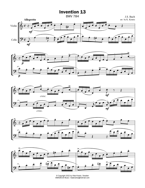 Invention No. 13, A Minor for violin and cello (arr. K. Krantz)
