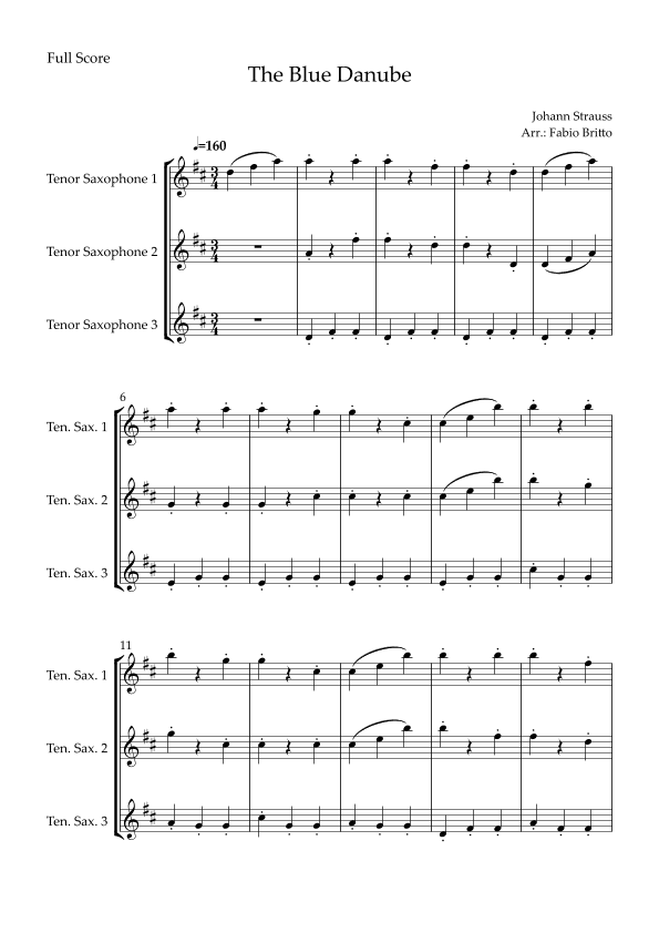 The Blue Danube (Waltz by Johann Strauss) for Tenor Saxophone Trio (arr. Fabio Britto)