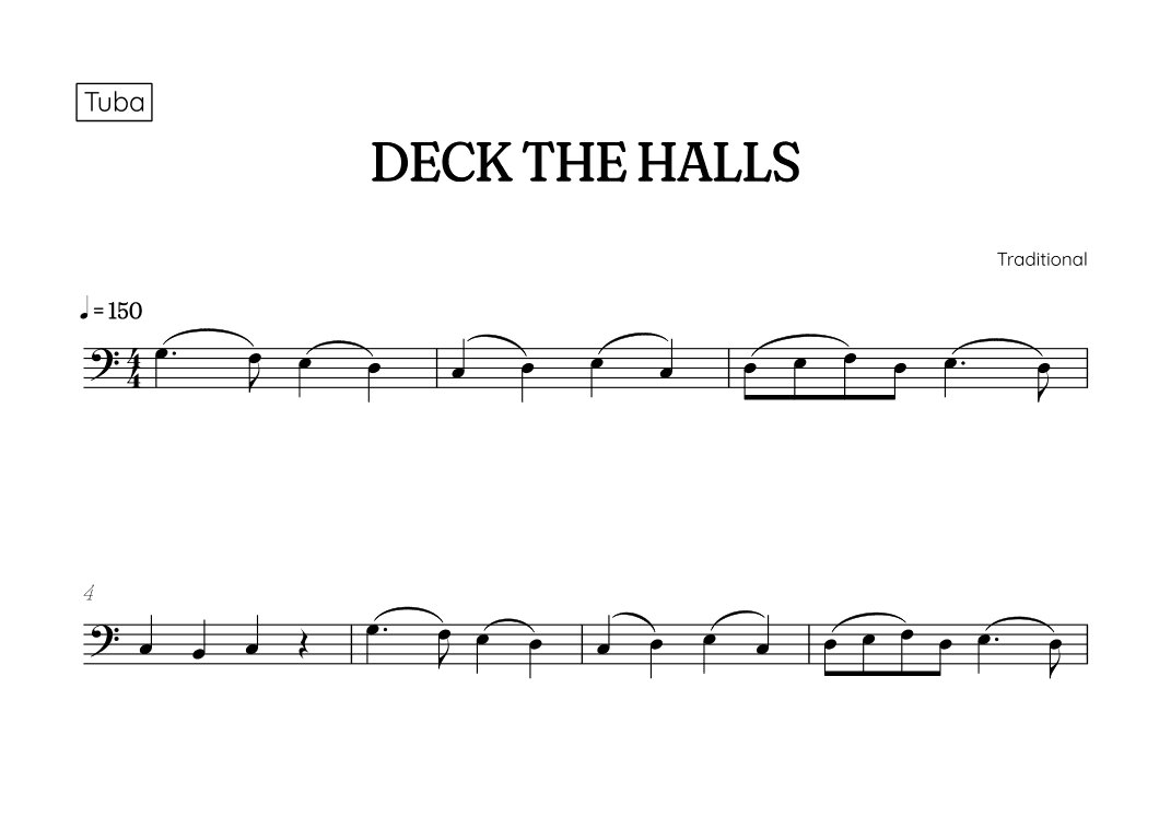 Deck the Halls for tuba • easy Christmas song sheet music (arr. Benzaiten Editions)