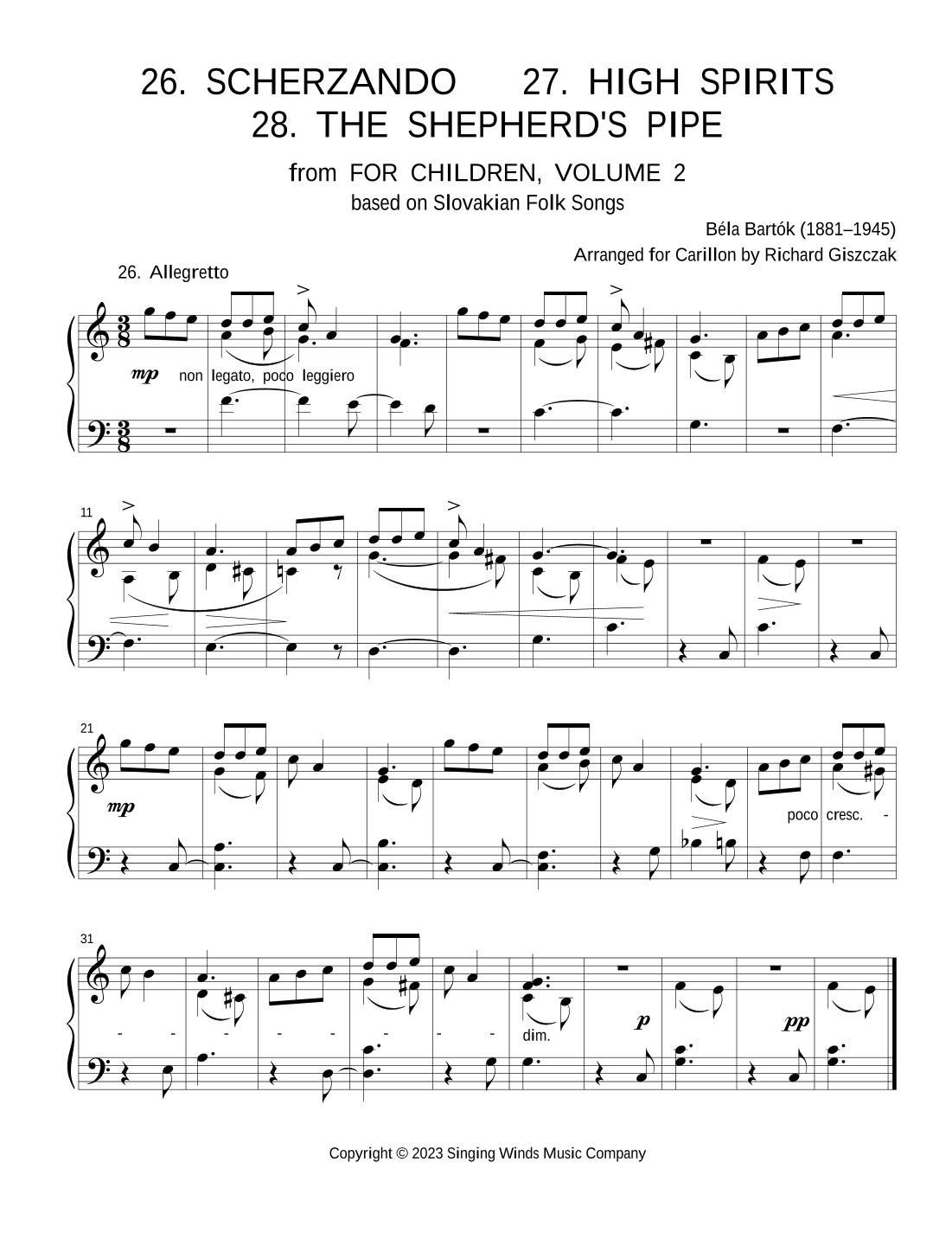 For Children, Volume 2: 26. Scherzando, 27. High Spirits, 28. The Shepherd's Pipe (arr. Richard Giszczak)