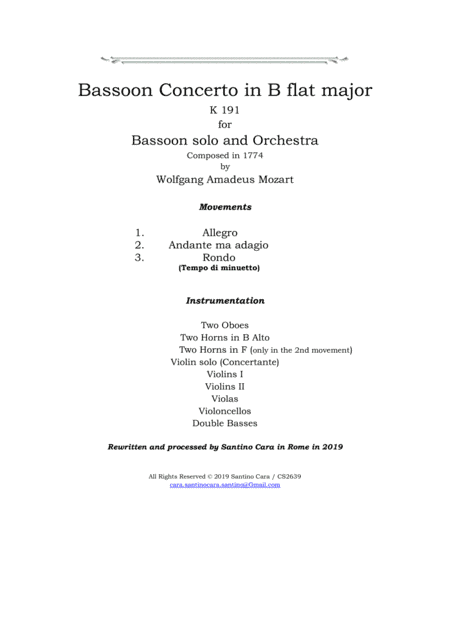 Mozart - Bassoon Concerto in B flat major K 191 for Bassoon and Orchestra - Score and Parts (arr. Santino Cara)