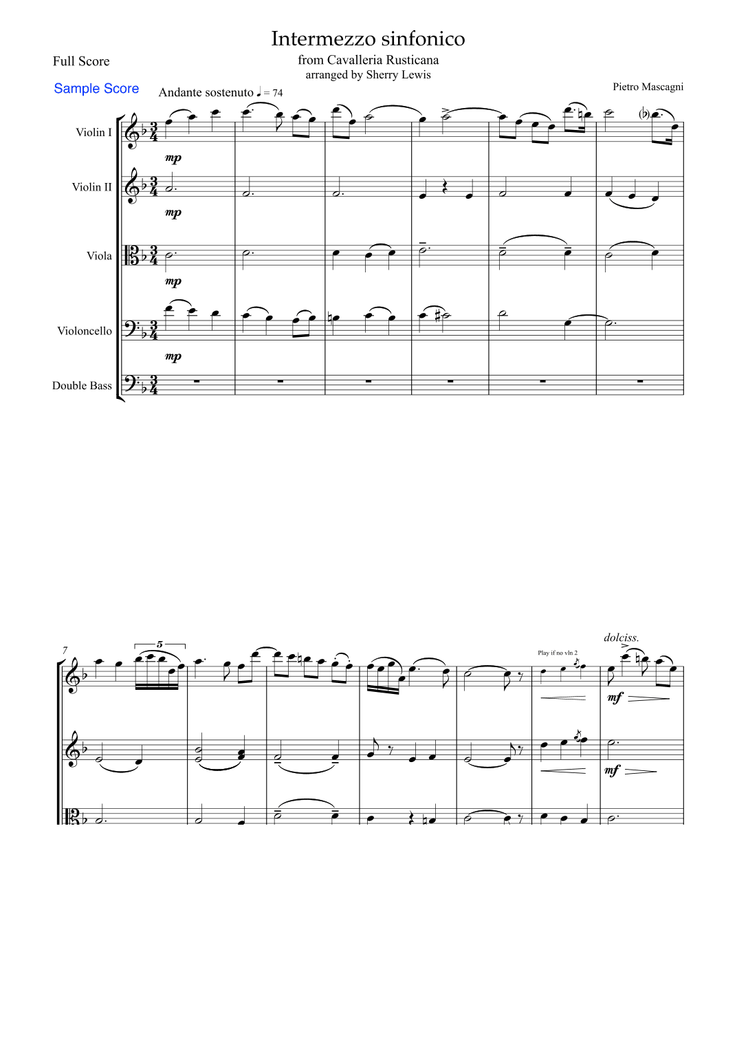 INTERMEZZO SINFONICO from 'Cavalleria Rusticana', Pietro Mascagni,  String Orchestra, Intermediate L (arr. Sherry Lewis)